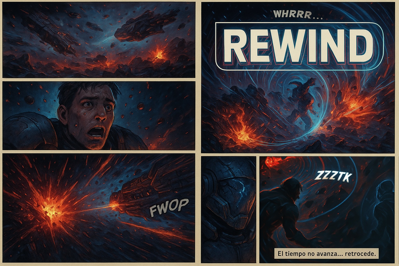Viñeta de Rewind - El tiempo corre hacia atrás, volviendo a suceder todo lo acontecido una vez más inevitablemente.