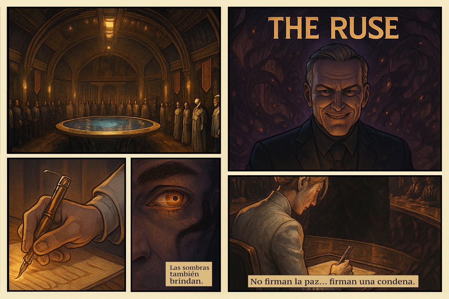 Viñeta de The Ruse - La reunión diplomática. Un acercamiento de culturas. Una acción por la paz, en el que las sombras también brindan. 