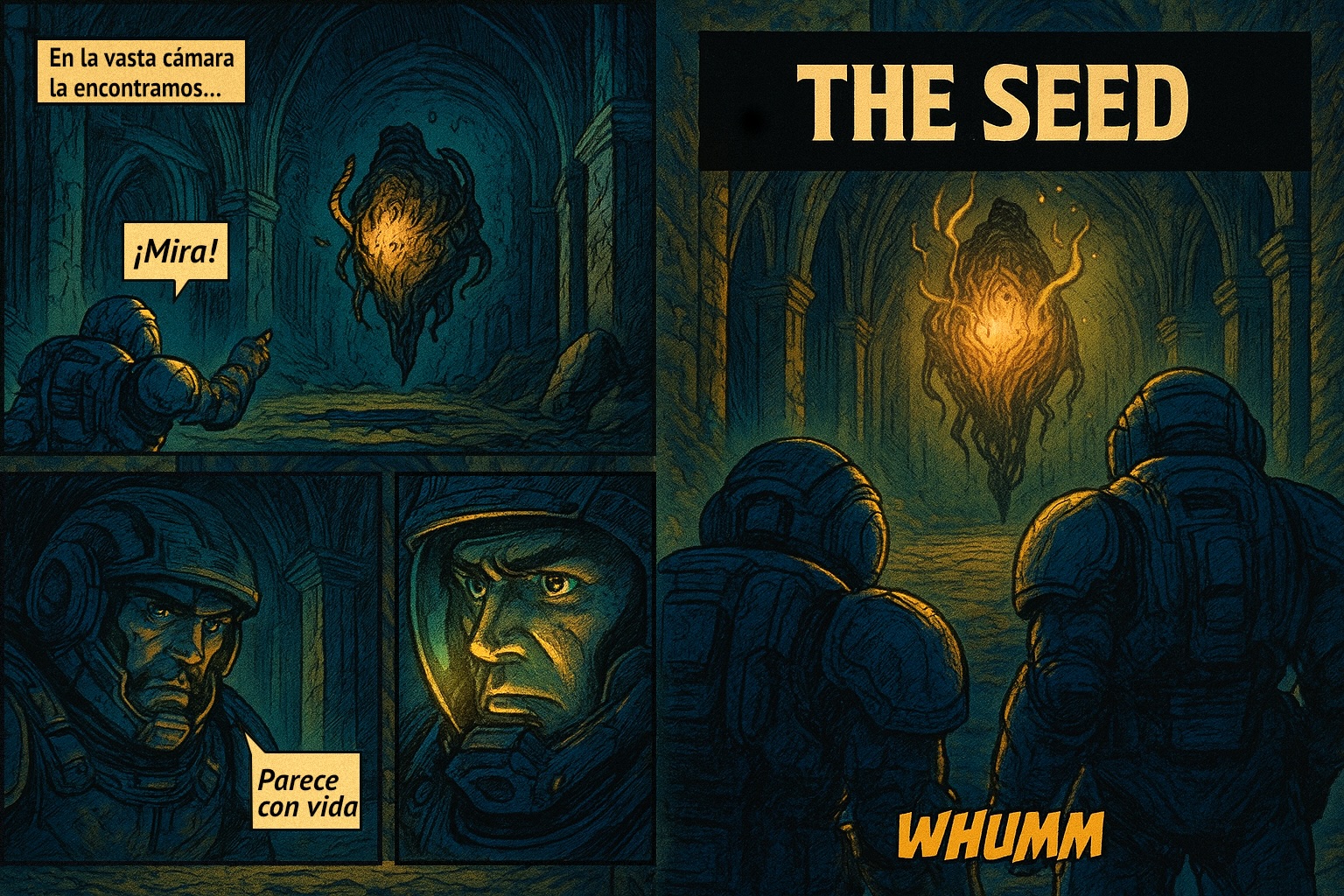 Viñeta de The Seed - Expedición minera descubriendo la entidad alienígena